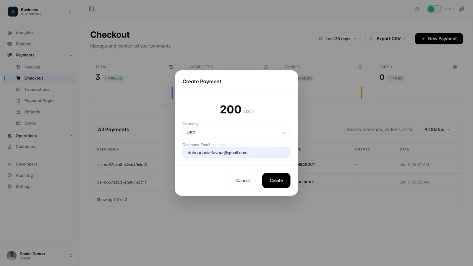 Creating a payment from the dashboard
