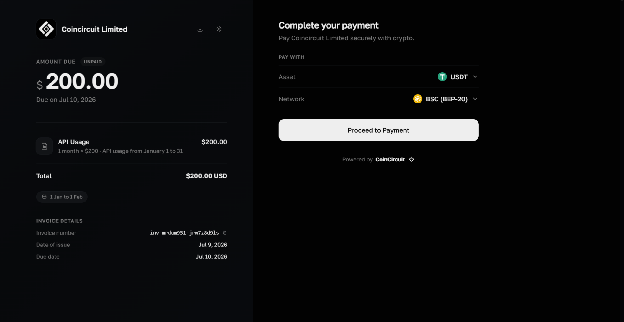 CoinCircuit crypto invoice
