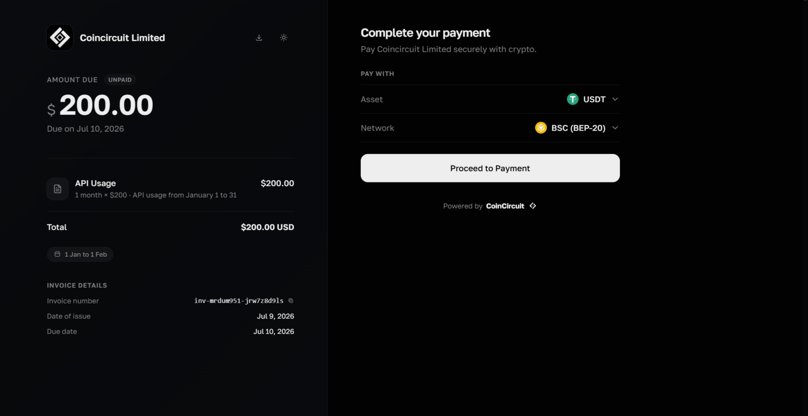 CoinCircuit crypto invoice
