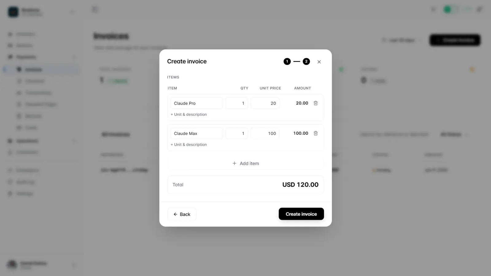 Invoice builder with line items