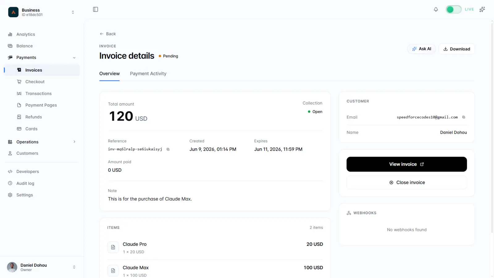CoinCircuit invoice — line items, amount due, and pay link