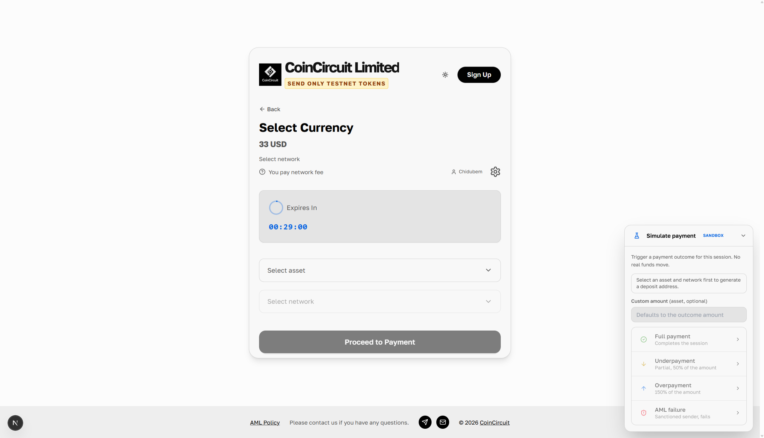 A sandbox checkout session with the Simulate payment panel open, listing the available payment outcomes