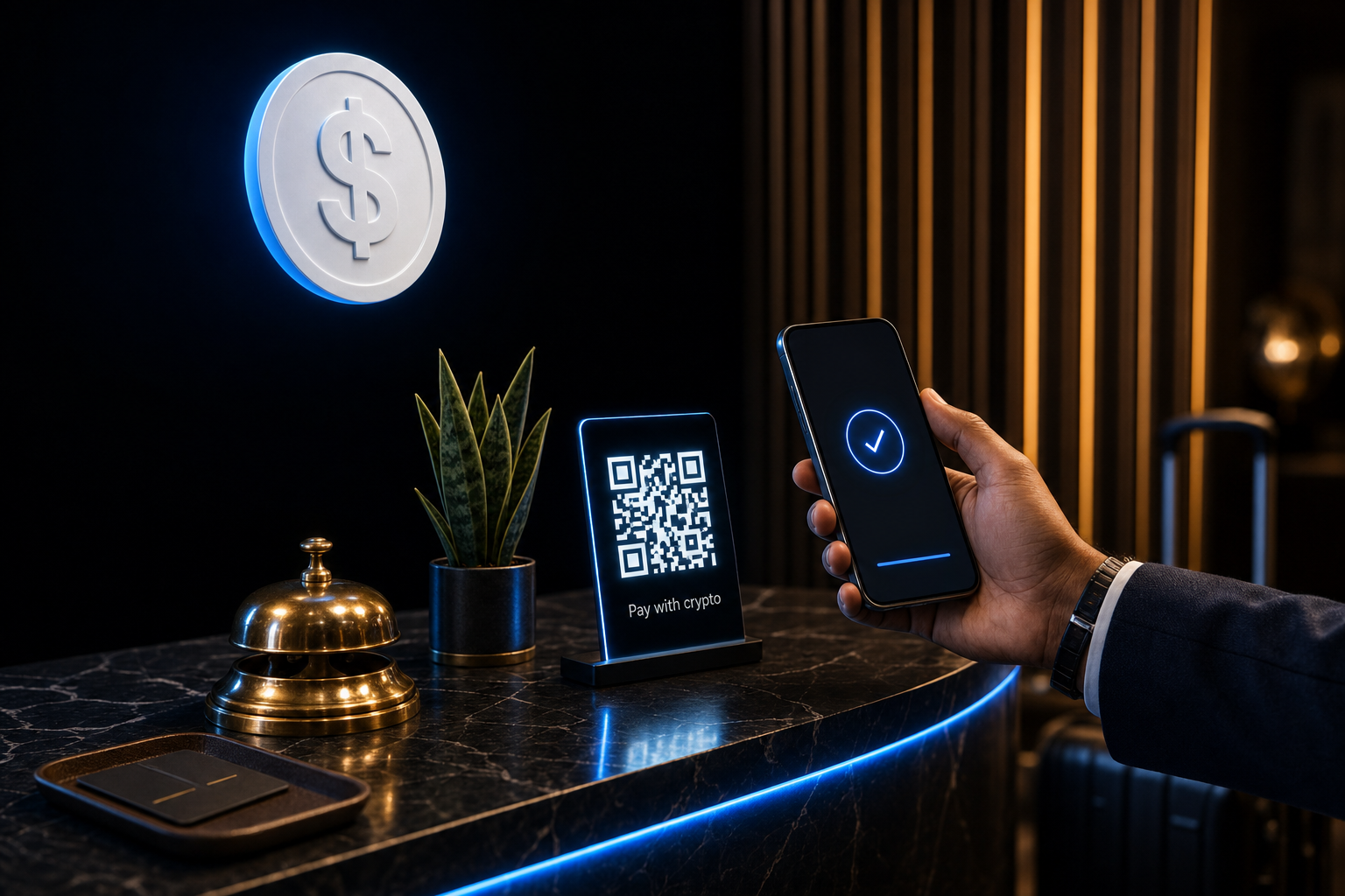 QR code payment shown at a hotel front desk during check-in