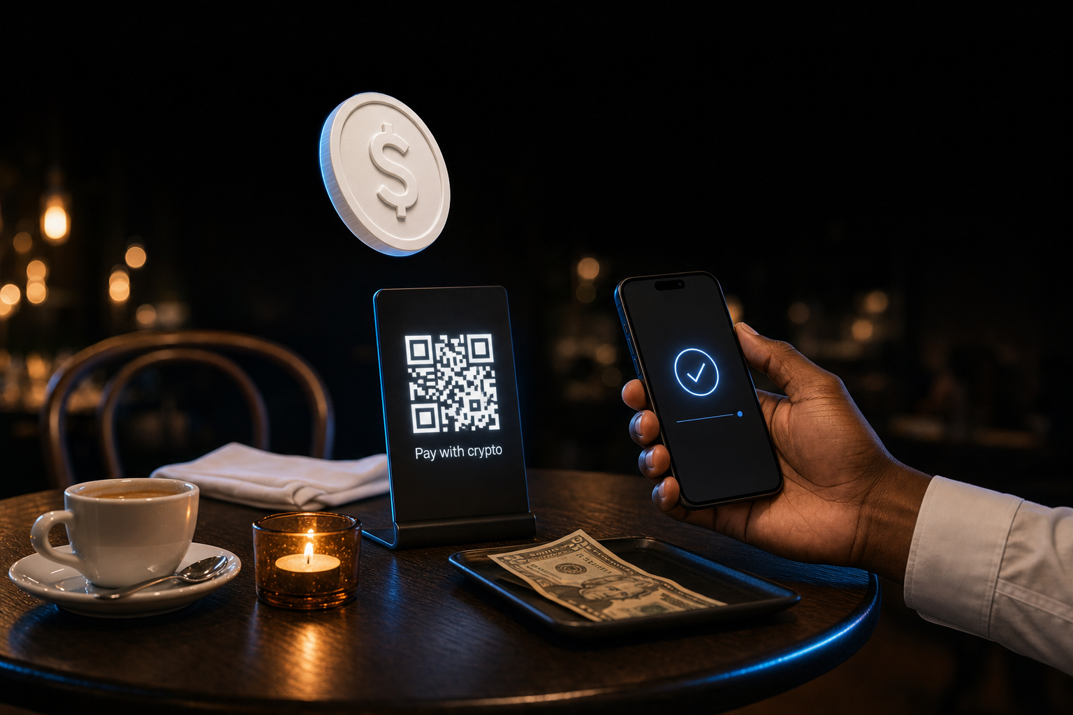 QR code payment displayed at a restaurant table for in-person crypto checkout