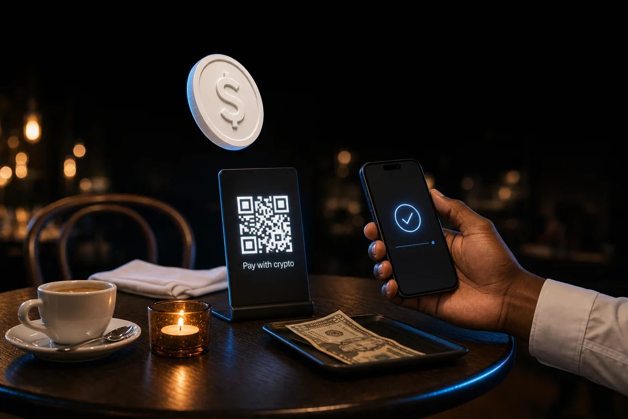 QR code payment displayed at a restaurant table for in-person crypto checkout