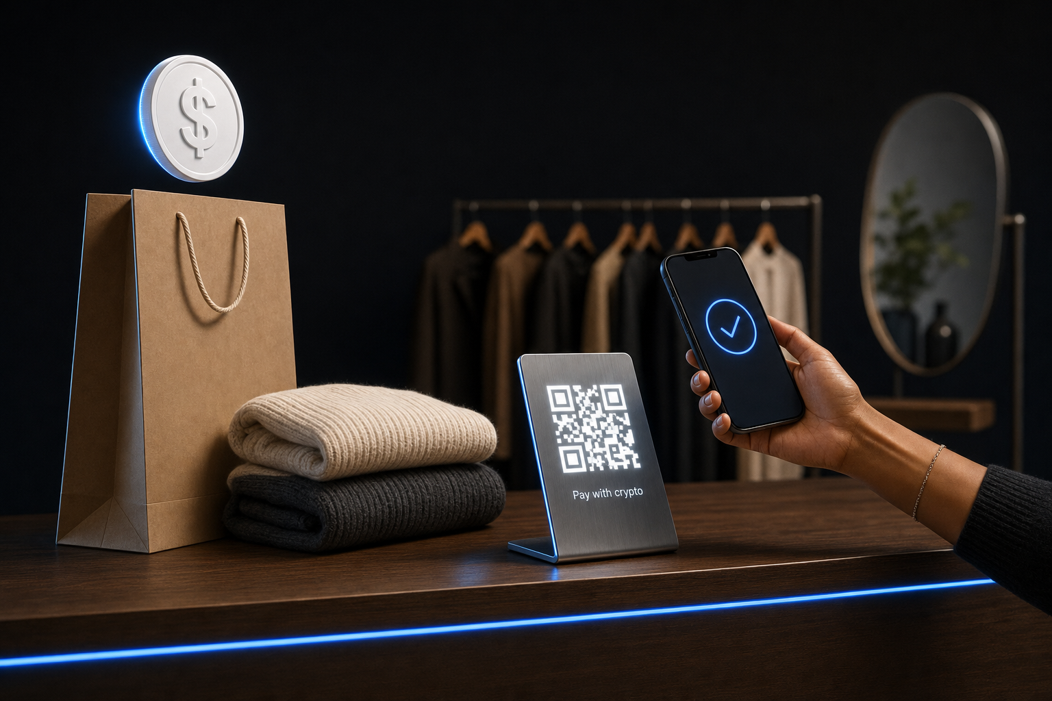 QR code payment displayed at a retail shop counter