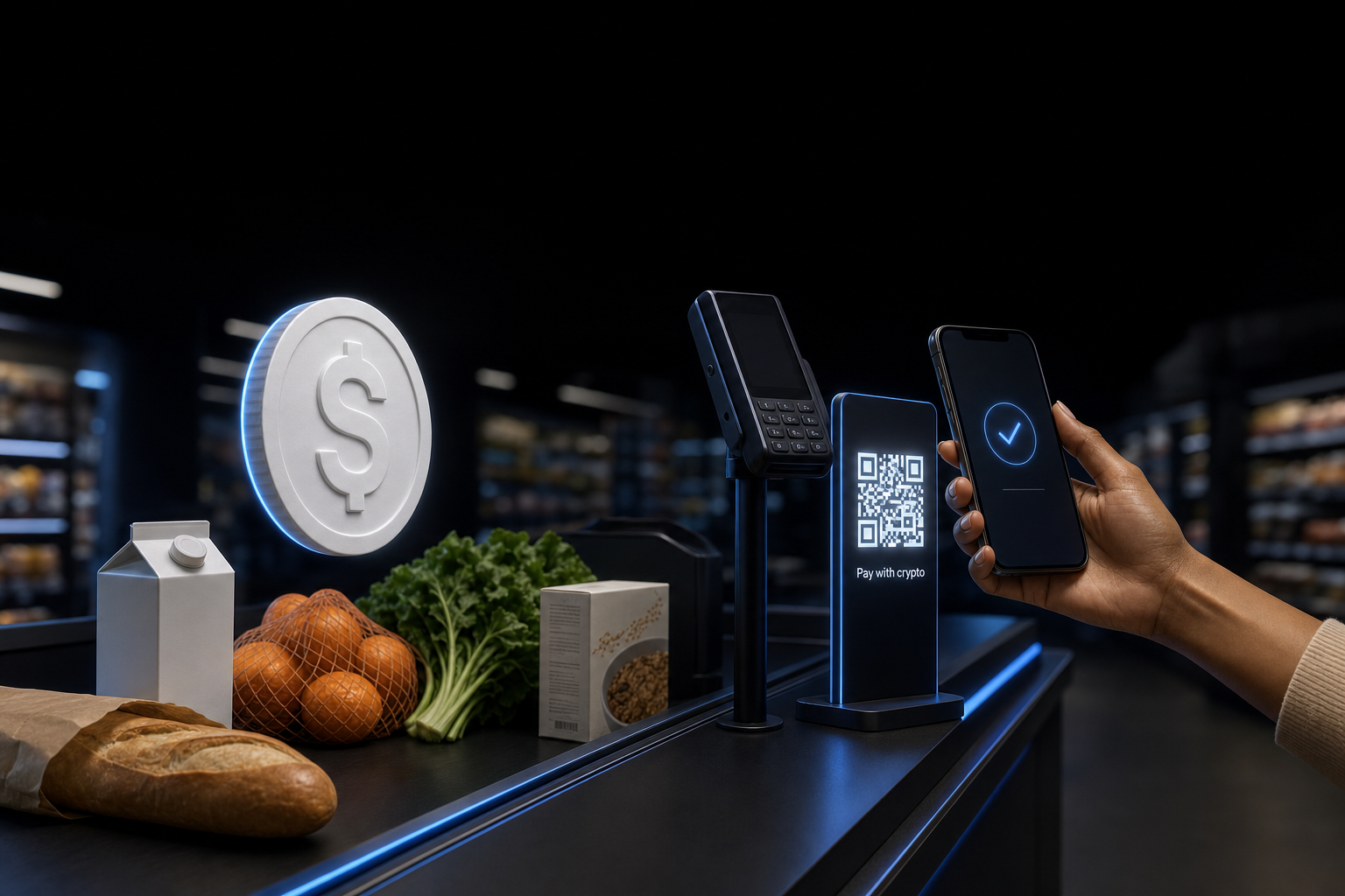 QR code payment at a supermarket checkout lane