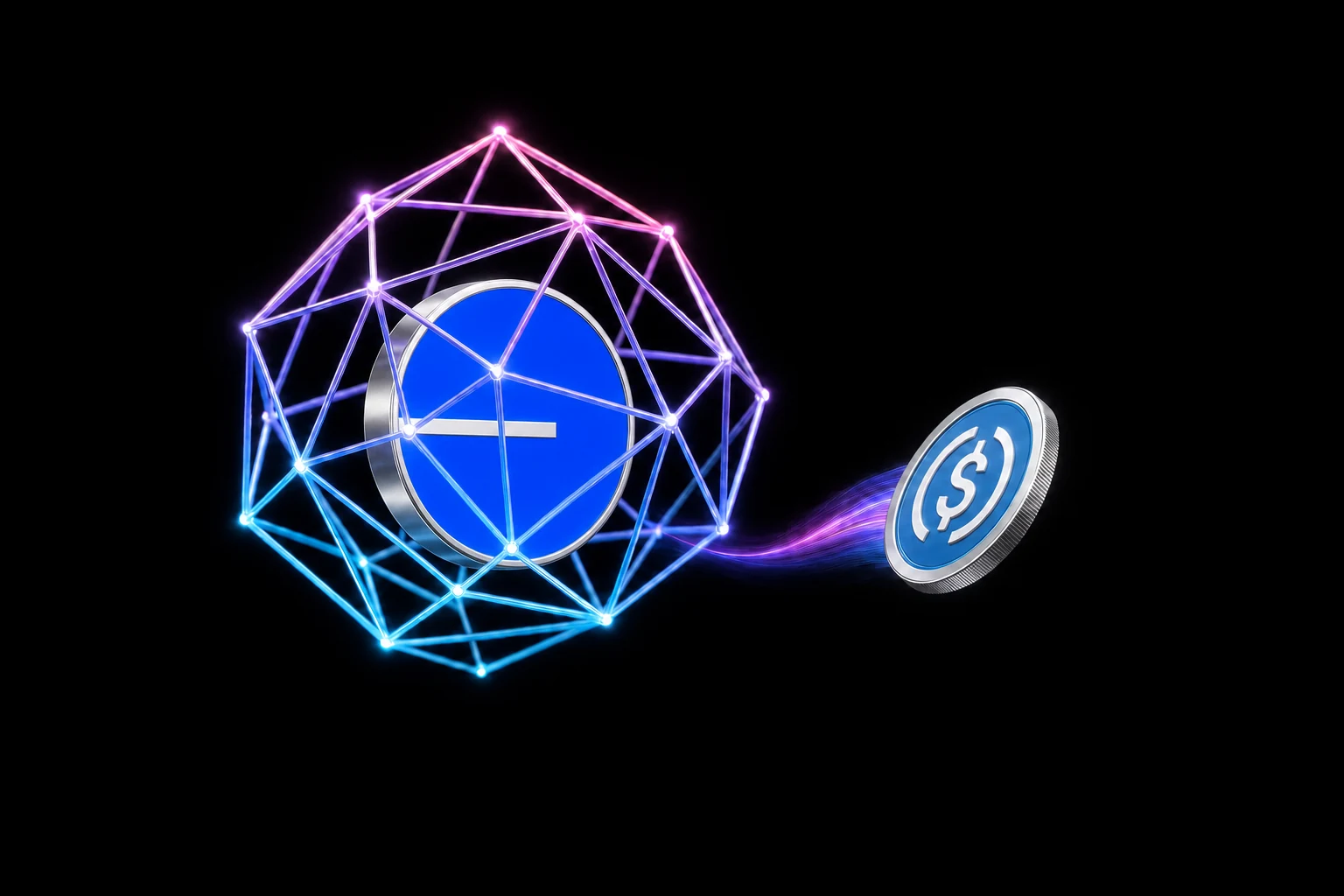 A glowing geodesic cage around a blue Base disc, releasing a USDC coin