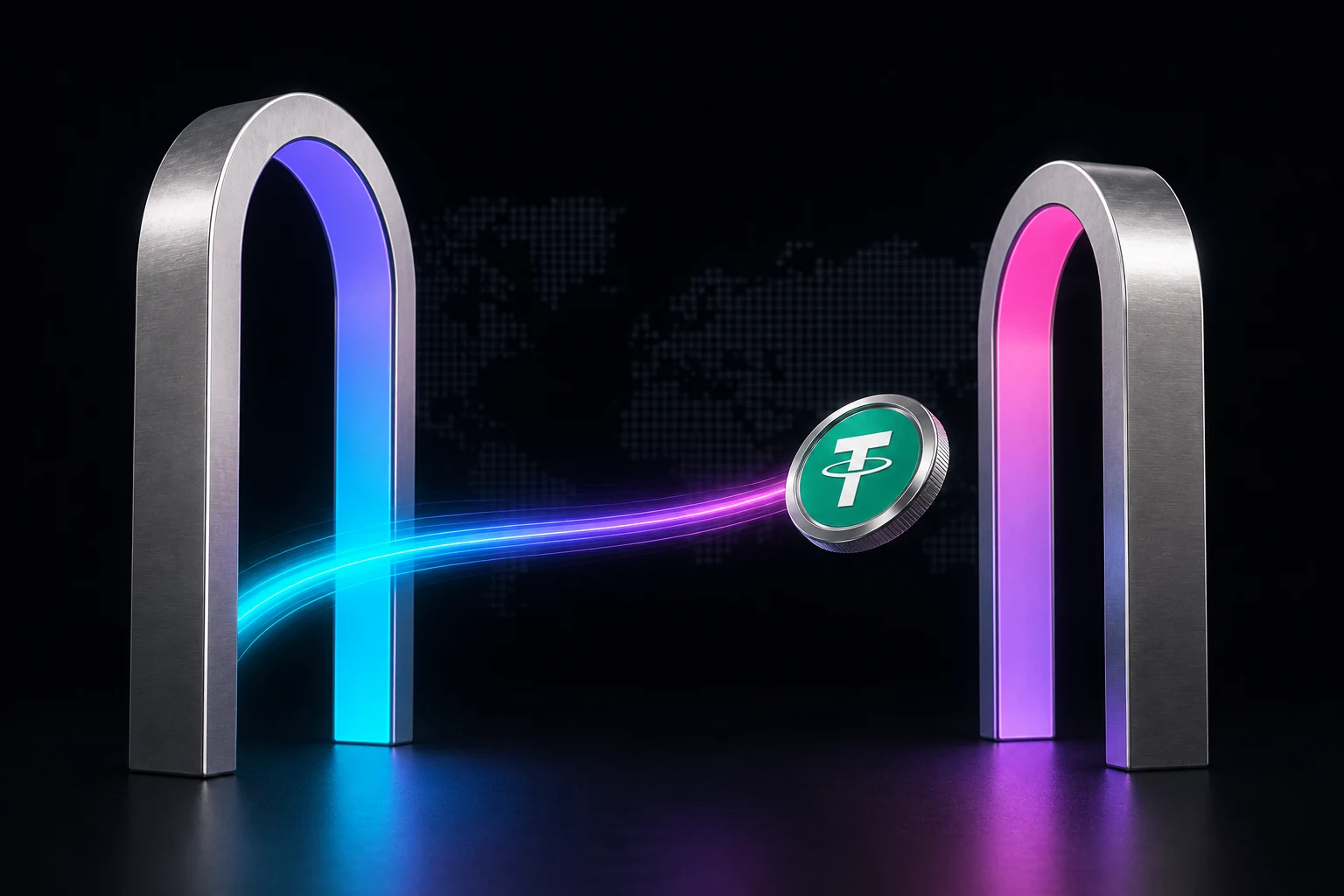 Two brushed metal arches over a dotted world map, with a USDT coin crossing between them on a trail of light