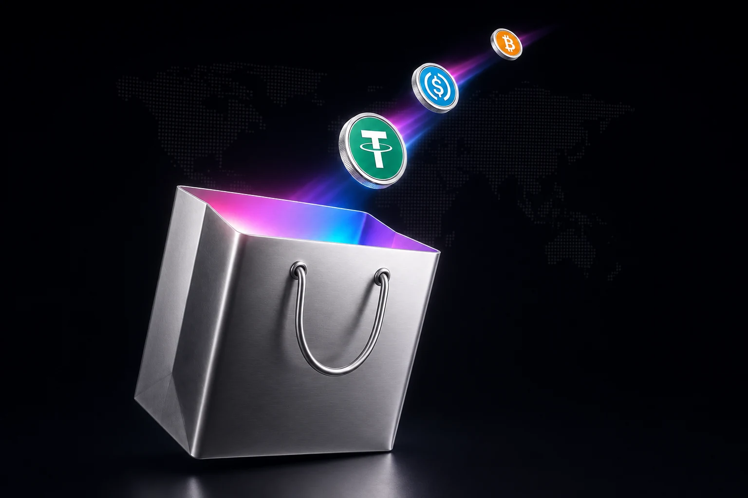 A brushed metal shopping bag lit from within, with USDT, USDC and Bitcoin coins falling into it