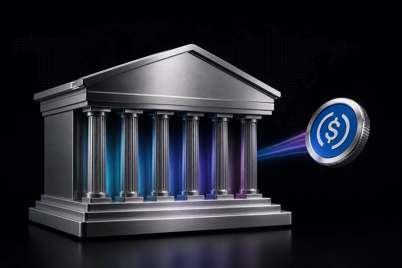 A machined silver bank facade with gradient light pouring between its columns, beside a USDC coin