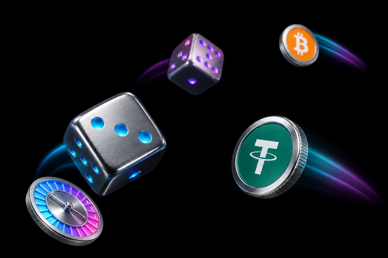 Machined metal dice and a roulette wheel tumbling beside USDT and Bitcoin coins