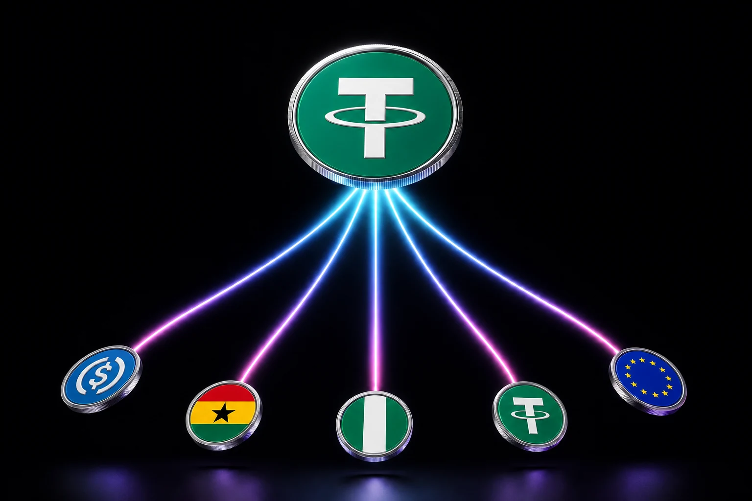 A large USDT coin fanning light conduits down to USDC, Ghana, Nigeria, USDT and euro coins