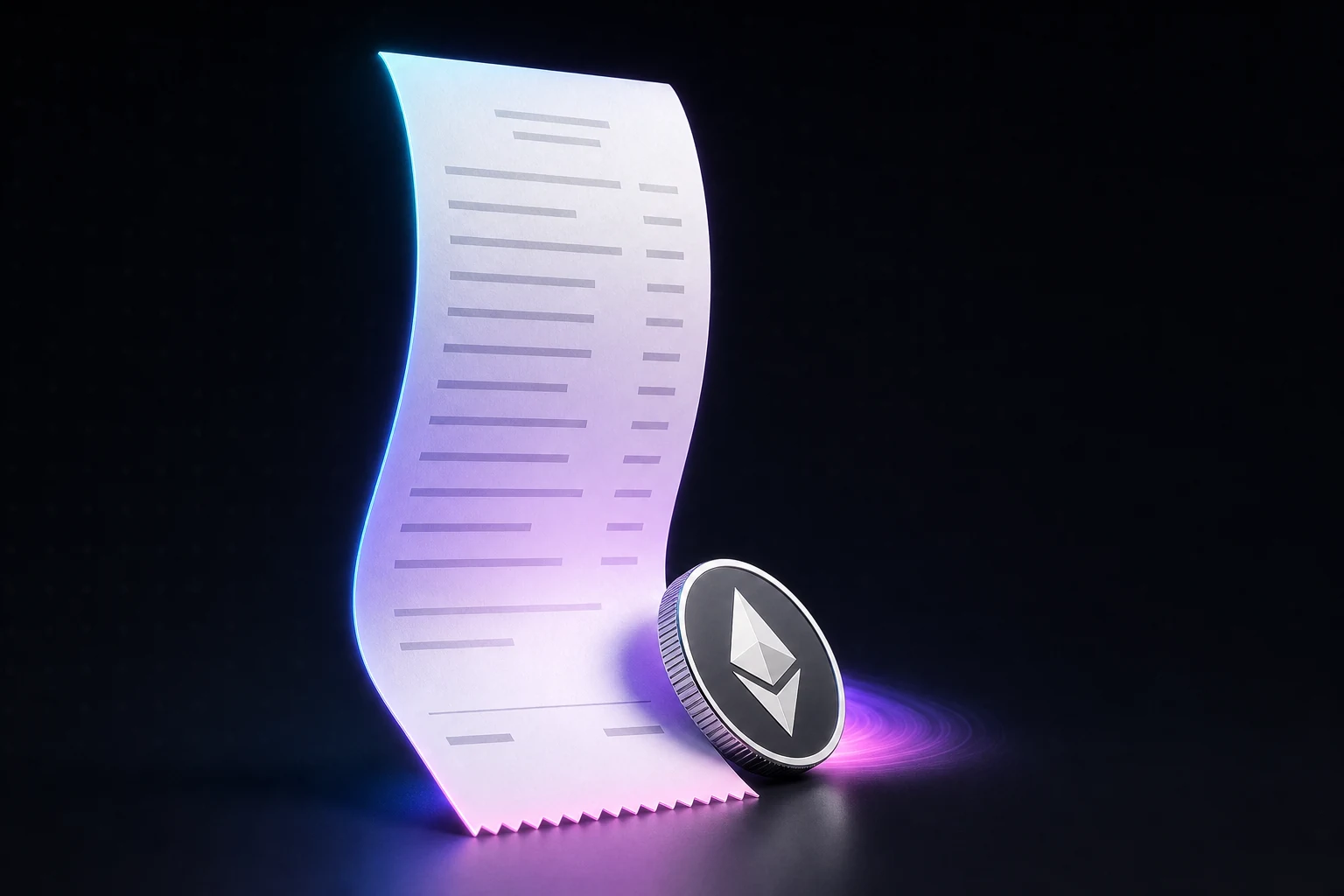 A curling paper receipt lit by gradient light, with an Ethereum coin resting against it